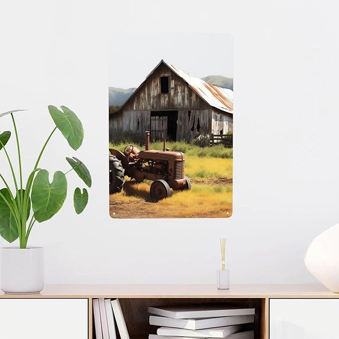 Old Wooden Barn with Rusted Tractor Metal Sign Vintage Tin Signs Retro Wall Art Decor Metal Poster Plaque Garage Bar Patio Wall Decorations Gifts for Men Women 12 X 8 Inches Outdoor & Indoor