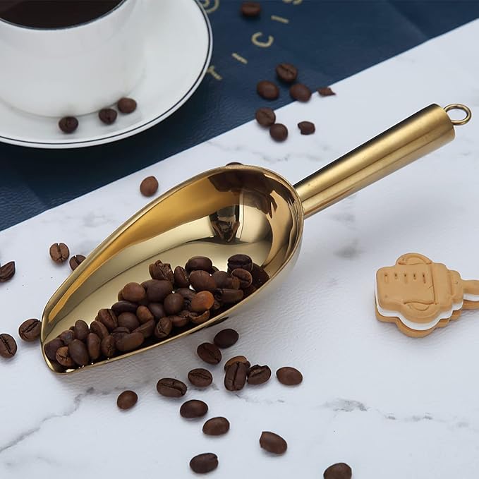Berglander Stainless Steel Gold Ice Scoop 6 OZ, Titanium Golden Plating Metal Ice Scooper For Ice Maker, Multipurpose For Candy Wedding Kitchen Bar Party, Pet Animal Dog Food Scoop Beach Shovel