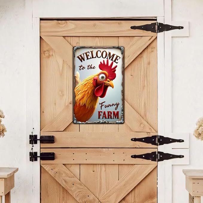 FunnySign Chicken Gifts Rooster Décor Welcome To The Funny Farm Rustic Tin Sign For Home Farm Chicken Coop Decor 8x12 Inch (9707)