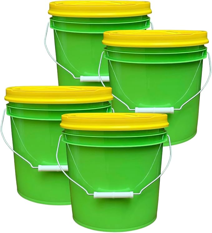 House Naturals 2 Gallon Food Grade - BPA Free Made in USA Buckets Lime Color pails with Screw On Gasket Lids (4, Lime - Yellow lids)