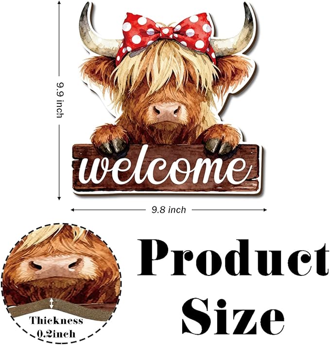 Farmhouse Wall Decor, Highland Cow Welcome Sign with Red Bow, Rustic Wood Hanging Plaque, Watercolor Oil Painting Style Farm Animal Wall Art for Country Porch Kitchen or Entry, 9.8x9.6 Inches