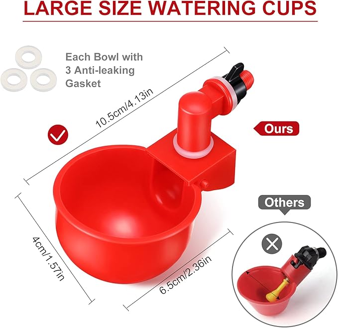 Patelai Chicken Water Cups, Chicken Waterer Cups Summer Water Feeder Cup 3/8 Inch Thread Automatic Filling Waterer Poultry Drinking Bowl for Duck Turkey Bunny(Red,12 Pieces)