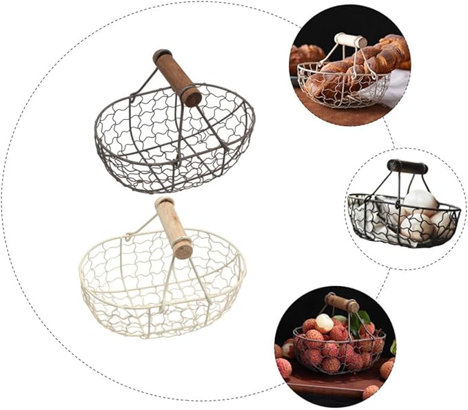 Vintage Rustic Metal Mesh Fruit and Egg Storage Basket Set with Wooden Handles, 2pcs Gray Black and Cream White Farmhouse Style Kitchen Organizer for Countertop and Tabletop Use