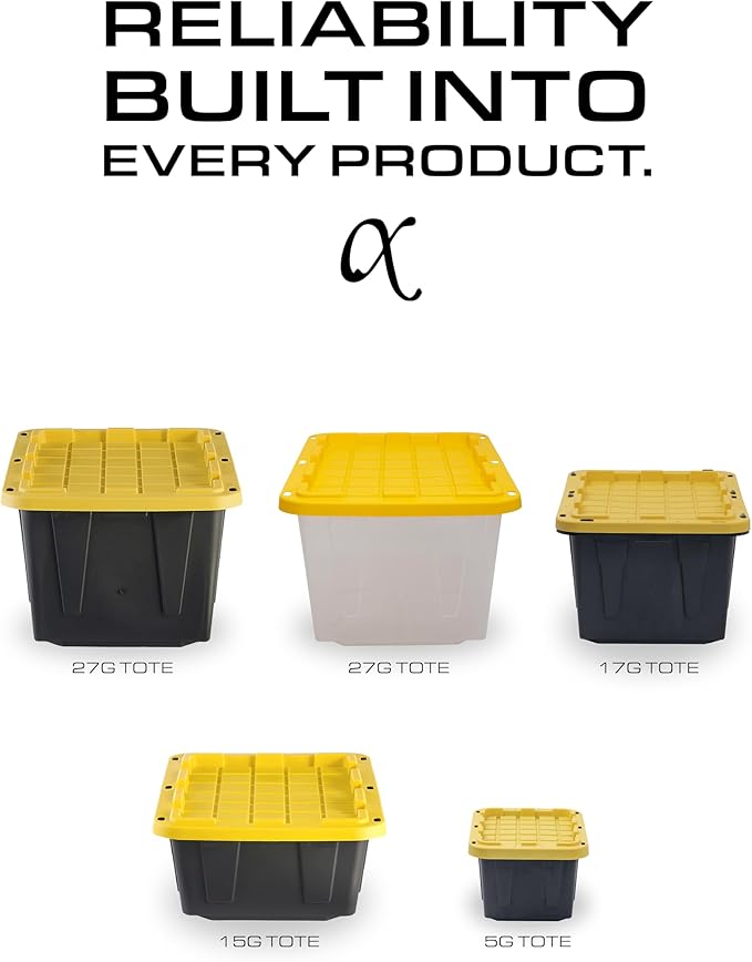 CX BLACK & YELLOW 12-Gallon Heavy Duty Storage Bins with Lids, Stackable Plastic Storage Bins with Weather-Resistant Design, Home Organization, 6 Pack (12.51H x 16.3W x 21.8D)