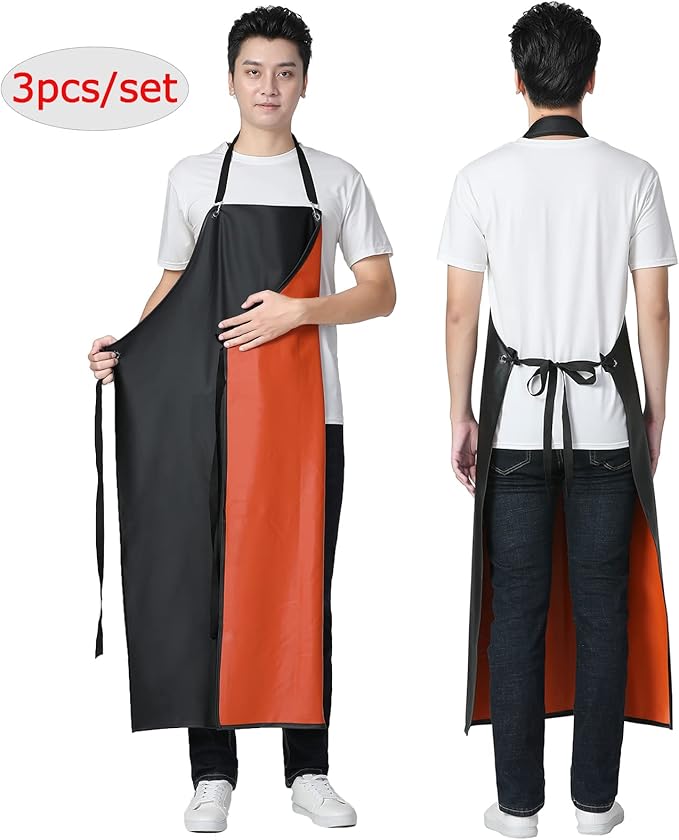 Waterproof Rubber Apron - Chemical Resistant Apron with Adjustable ties for Dishwashing,Kitchen,Cleaning-Blackred*3pcs