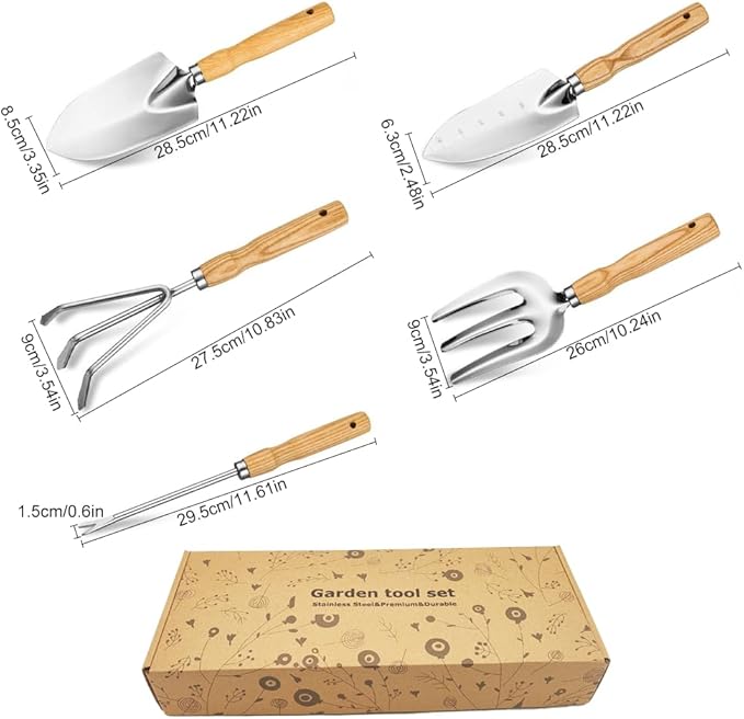 Garden Tool Set, 5 Piece Stainless Steel Gardening Hand Tools Including Graduation Shovel, Hand Rake, Transplanter, Trowel, Hand Cultivator