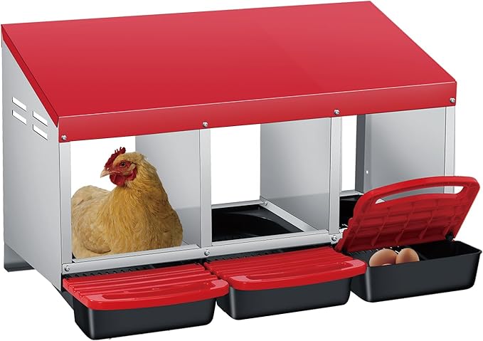 Nesting Boxes for Chickens, 3 Holes Chicken Nesting Box with Removable Tray, Easy Egg Collection, Roll Away Nesting Box for Hens, Chicken Coop, Red