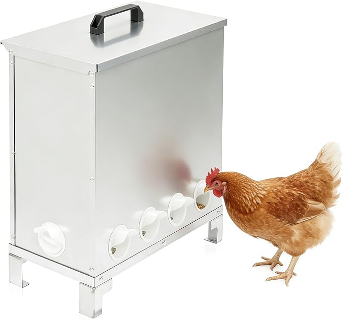 Automatic Metal Chicken Feeder 150LBS Large Capacity Weatherproof Animal-Proof Poultry Feeder No Waste 10-Port for Chickens Geese Ducks Turkeys Quails Steel Plastic Silvery Galvanized