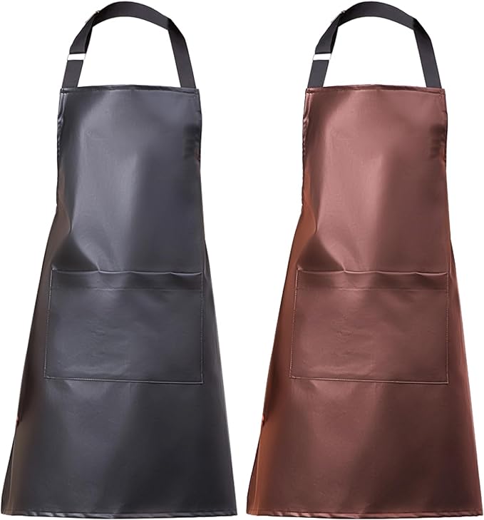eywlwaar PU Waterproof Apron with One Big Pocket Adjustable Oil Proof Apron for Kitchen Dishwashing Cooking 29.92"x 26.77"