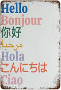 Multilingual Hello Entryway 1 Pack 12x8 Inch Vintage Aluminum Sign - Rust-Proof Weather Weatherproof Easy to Mount, Welcome Home Decor for Home Coffee Bar, Multilingual Wall Art