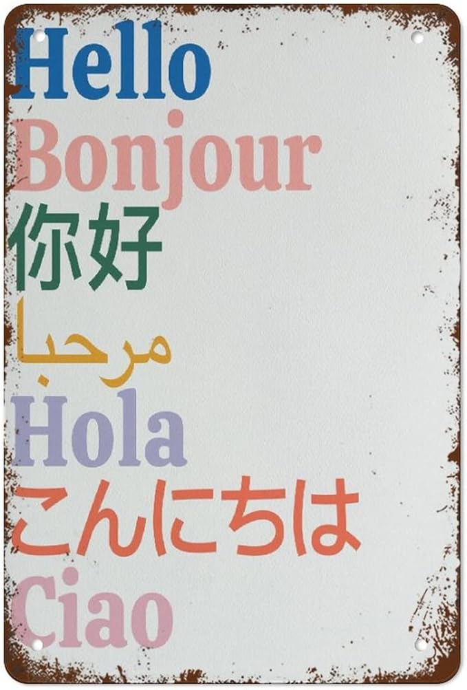 Multilingual Hello Entryway 1 Pack 12x8 Inch Vintage Aluminum Sign - Rust-Proof Weather Weatherproof Easy to Mount, Welcome Home Decor for Home Coffee Bar, Multilingual Wall Art