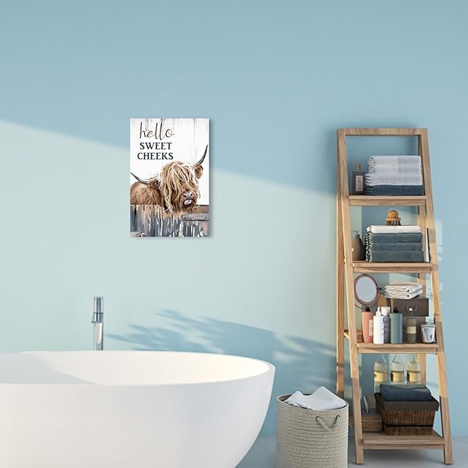 Highland Cow Pictures Wall Decor:Hello Sweet Cheeks Bathroom Decor Cow Paintings Canvas Prints Poster Rustic Farmhouse Highland Cow Wall Art Country Living Room Bedroom Home Decor 10" X 15"