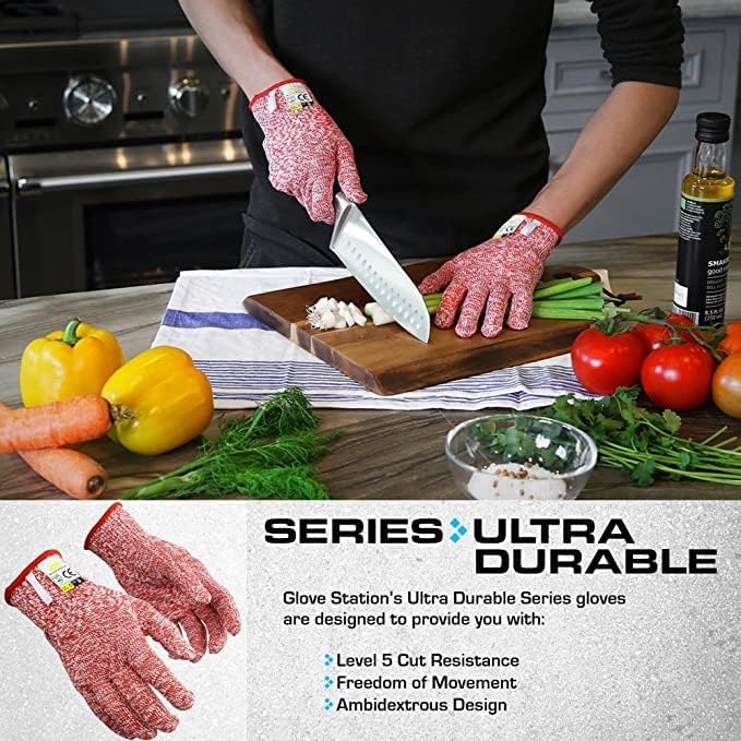 Glove Station Ultra Durable Series Cut Resistant Gloves - Cutting Gloves for Chefs, BBQ and Cooking - Level 5 Protection, Food Grade Safe Cut - Red, X-Large Size