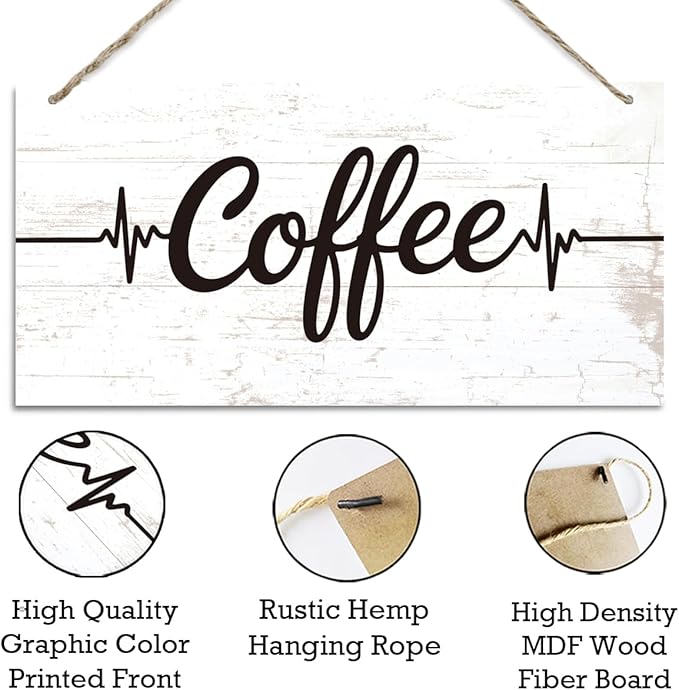 Coffee Bar Wooden Hanging Decor, Coffee Heartbeat Frequency Decoration Sign, Vintage Kitchen Decor, Wood Grain Retro Sign, Cafe Decoration with Rope Hanging 12 x 6 Inches