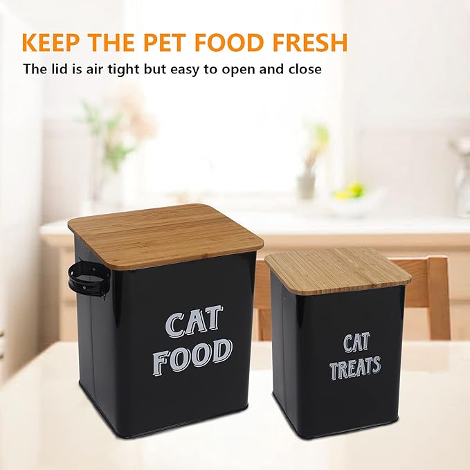 Pethiy Cat Food and Treats Containers Set with Scoop for Cats or Dogs -Tight Fitting Wood Lids - Coated Carbon Steel - Storage Canister Tins-Cat-Black