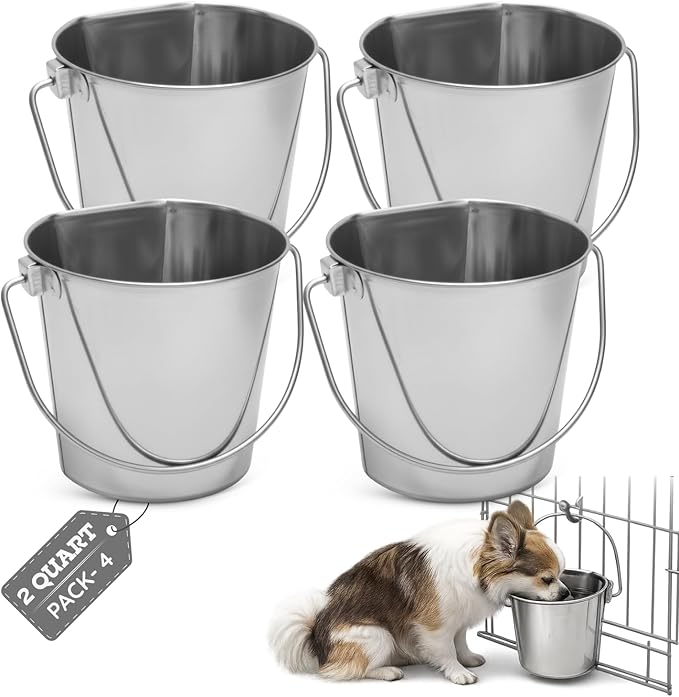 Flat Side Stainless Steel Bucket 2 Quart Hanging Feeding Utility Pail for Small Dog Cat Birds, Fits Kennel Cage Compatible, Heavy Duty Food & Water Feeder, 0.5 Gallon Silver Bucket 4 Pack