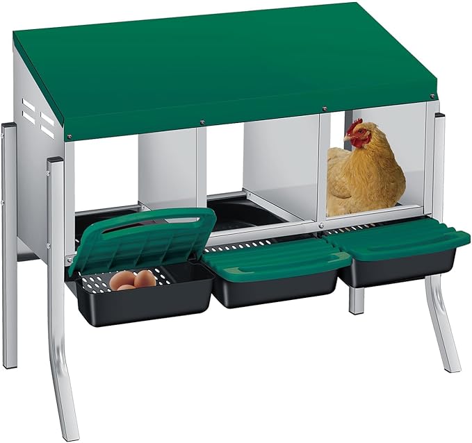 3/4-Hole Metal Chicken Nesting Box with Removable Roll-Out Tray - Easy Egg Collection & Clean Galvanized Steel Laying Box for Hens - for Backyard Coop & Poultry Farm Use