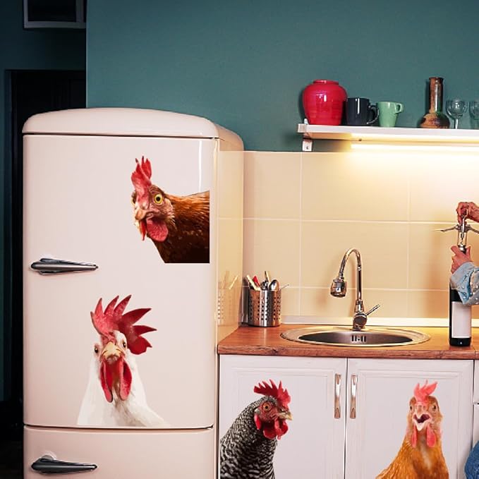 SUPERDANT Funny Rooster Wall Decals Farmhouse Cabinet 5pcs Chicken Wall Stickers Kitchen Outside Chicken Coop Farm Animals Wallpaper Art Realistic Style Peel and Stick Removable Farm Decoration