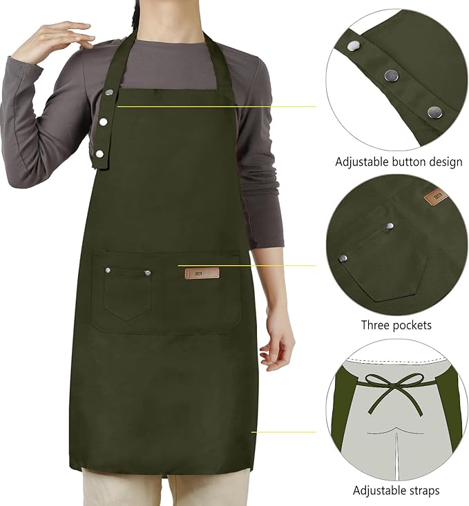 Adjustable Button Apron for Women Men Artist Painting Pottery Garden Cooking Kitchen Chef 3 Pockets Waterproof M-XXL