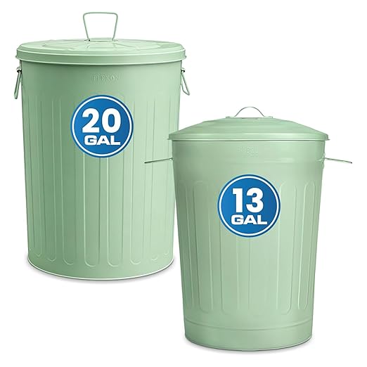 Plexon 20 Gallon Metal Trash Can and 13 Gallon Metal Trash Cans with Lids Outdoor Garbage Cans Heavy Duty Galvanized Buckets with Lids for Garage Workshop Ash Storage Farmhouse, Bundle