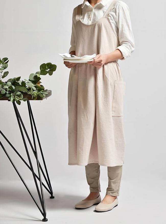 Cotton and linen Kitchen Cooking Aprons Dress for Women with Pockets Cute for Baking Painting Gardening Cleaning
