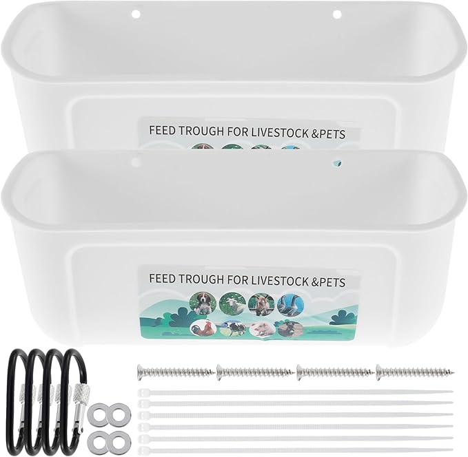 2Pcs Chicken Feeder Hanging Goat Feeder Hanging Feed Trough BPA Free Chicken Feeder Easy to Install Poultry Feeder Poultry Feeding Container Water Bucket for Chicken Duck Goat (White)