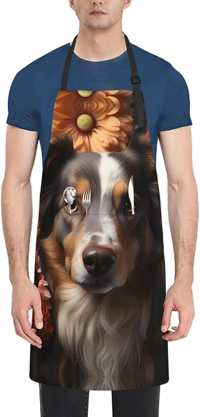 Dogs and Roses Heavy Duty Waterproof Apron with Pockets for AdultsResistant Grilling, Gardening, Painting