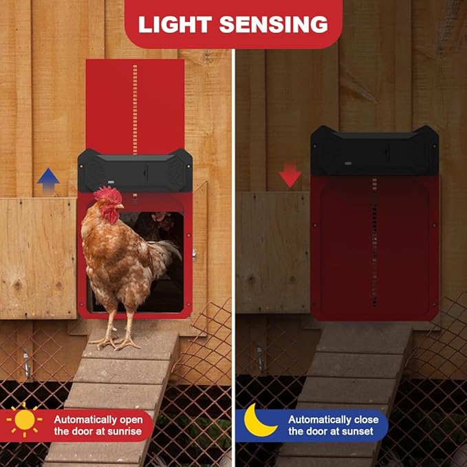 Automatic Chicken Coop Door Solar Powered, 4 Modes Automatic Chicken Door with Timer & Light Sensor, Waterproof Aluminum Alloy Chicken Door with LCD Screen Red