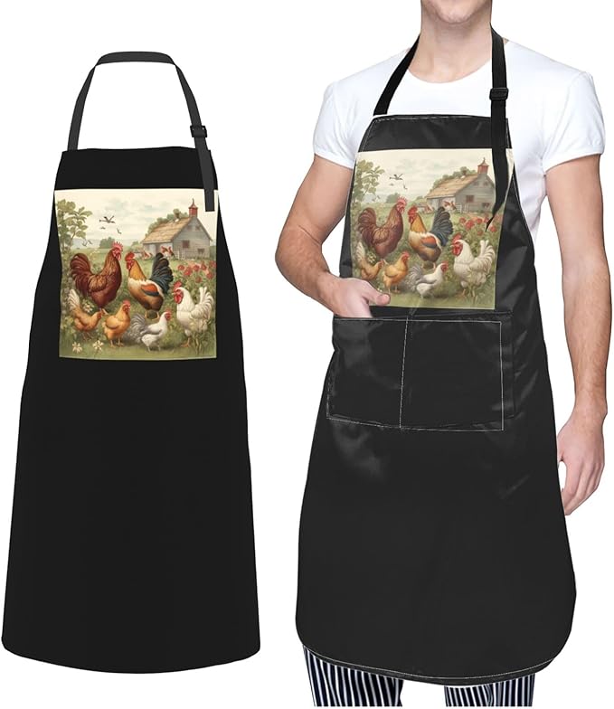 Chickens and Farm Aprons for Women with 2 Pockets, Kitchen Cooking Apron for Men, Water and Oil Resistant, Adjustable Bib Apron Extra Long Work Aprons for Dishwashing, Dog Grooming