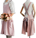 NEWGEM Cotton Linen Cross Back Apron for Women with Pockets for Baking Painting Pink with Waist Ties