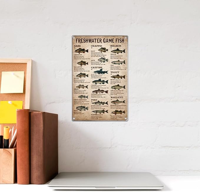 Freshwater Game Fish Chart Metal Sign Vintage Educational Wall Decor For Fishing Enthusiasts Anglers Man Cave Lake House Cabin Garage 8 x 12 Inch Home Indoor