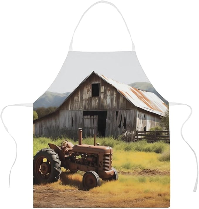 Old Wooden Barn Tractor Apron For Men Women, Adjustable Kitchen Aprons Adult Size Chef Bib Apron For Cooking Grilling Painting Gardening