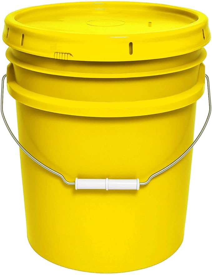 5-Gallon Bucket with Airtight Lid – Made in USA, Food Grade BPA Free Plastic, Heavy Duty Multi-Use, Metal Handle with Grip, Stackable Storage – Yellow, 1 Pack