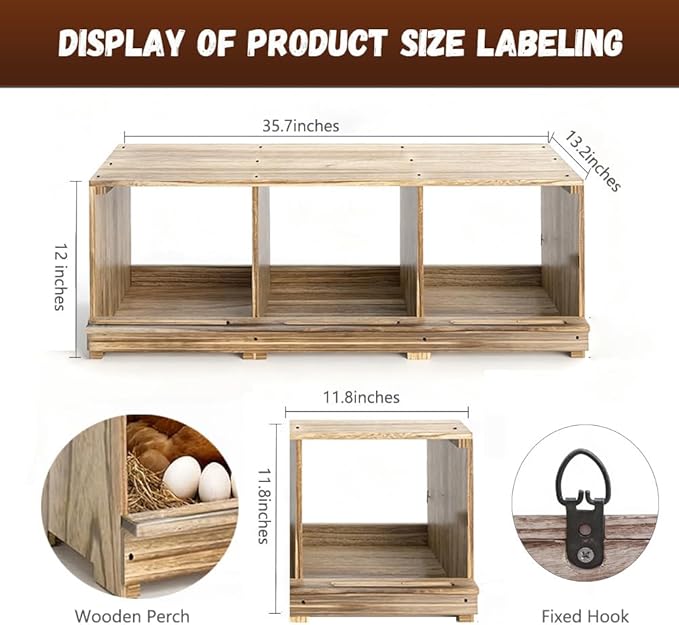 Wooden Chicken Nesting Boxes - 3 Compartment Poultry Nest Box, Lightweight, Front & Rear Ventilation, Easy to Clean & Install, Wall/Floor Mount for Laying Hens Ducks