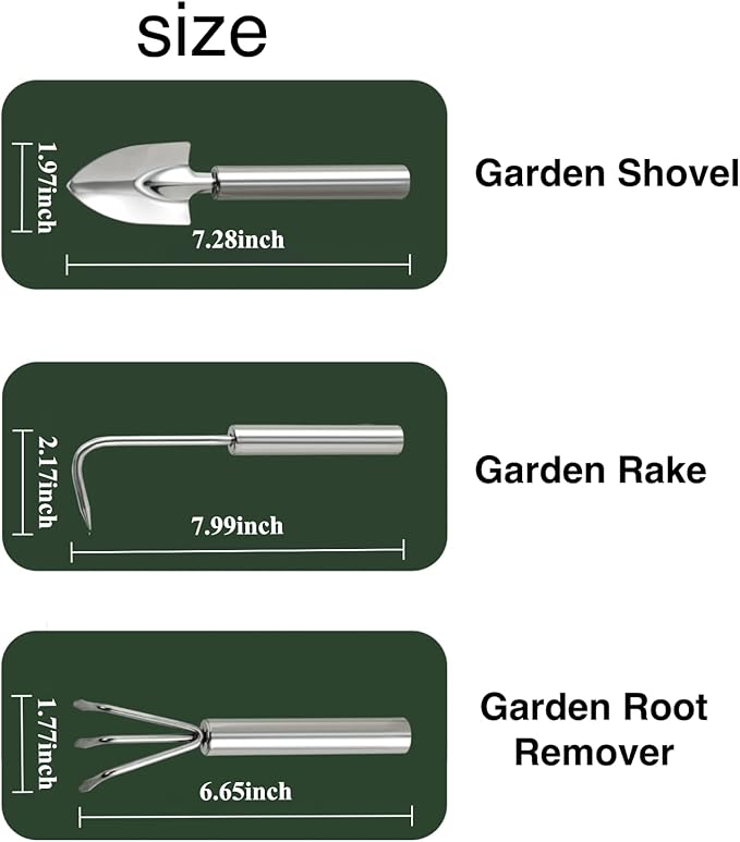 3-Piece Stainless Steel Garden Tools Set with Gloves- Shovel, Rake, Weeder for Indoor Outdoor Use, Ergonomic Handles for Succulents, Potted Plants & Seedlings