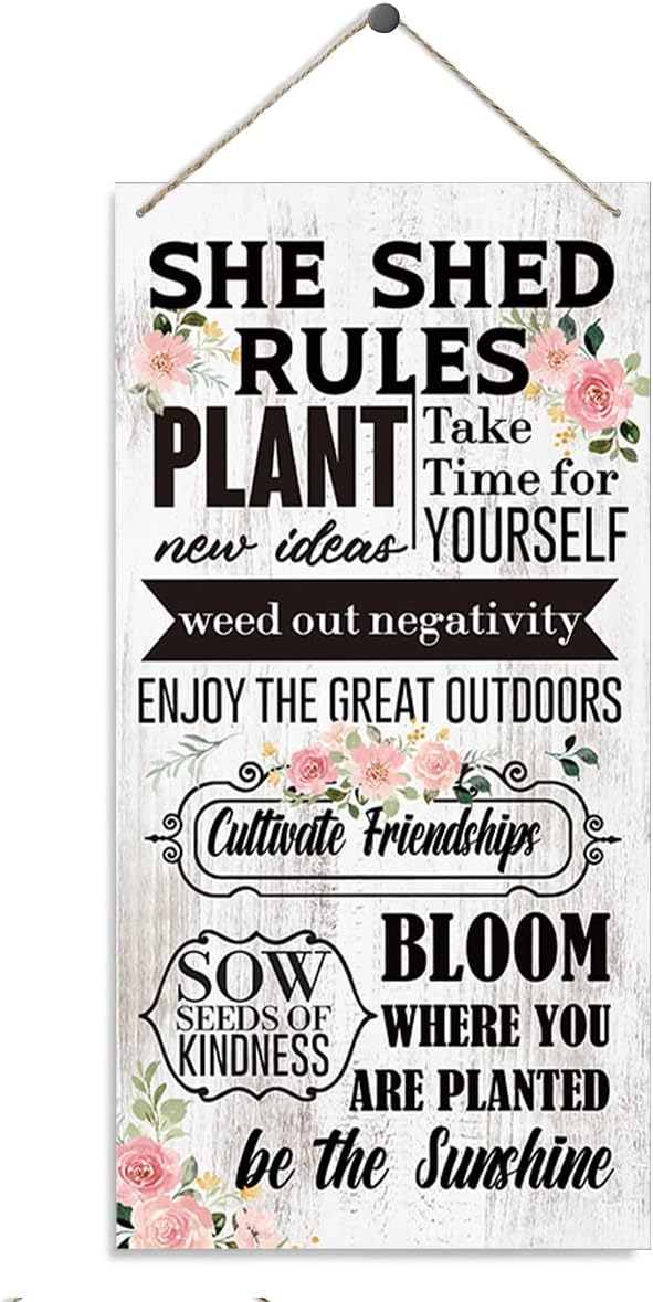 Inspirational Wood Sign, She Shed Rules Plant New Ideas Sign, Girls Room Decor, Bedroom Wall Decor, Office Decor, Decorative Wood Hanging Wood Plaque, Encouragement Gift for Her Women Friends