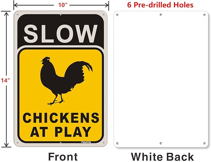 2 Pack Slow Chickens at Play Sign Chicken Crossing Sign 14 x 10 Inches Chicken Coop Signs for Farm Metal Reflective Rust Aluminum Weatherproof UV Protected Easy Mount Indoor Outdoor Use