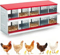Metal Chicken Nesting Boxes - 10 Hole Wall-Mountable Laying Boxes with Flip-Top Lid & Roll-Away Egg Collection, Weatherproof Galvanized Steel, Includes 10 Fake Eggs for Chicken Coop, Red