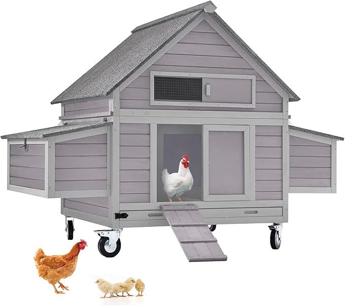 GUTINNEEN Chicken Coop with Wheels Outdoor Mobile Hen House Portable Wooden Poultry Cage with Nesting Box,Waterproof Asphalt Roof