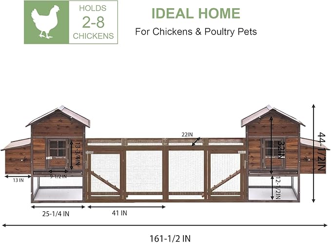 Large Wooden Chicken Coop, 160IN Outdoor Chicken Cages and Run with Nesting Boxes for 2-8 Chickens, Hen Run Poultry Pet House Rabbit Hutch with Waterproof Roof & Removable Tray for Backyard (Two)
