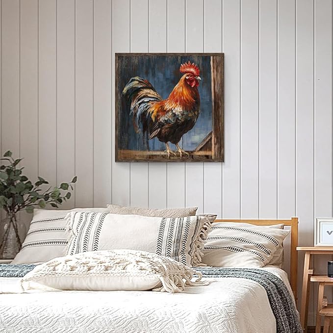 Rooster Framed Wall Art Decor: Farmhouse Animal Picture Country Cock Wooden Artwork Farm Chicken Painting is the Perfect Combination of Energy Nature for the Kitchen Country House Bathroom 20"x20"