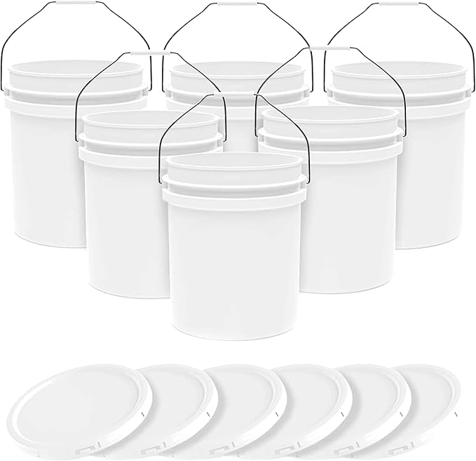 5-Gallon White Bucket Pail Container with Lid Food Grade Heavy-Duty Extra Durable Metal Handles with Plastic Grip for Easy Carrying Multi-Use Easy Stack and Store BPA Free