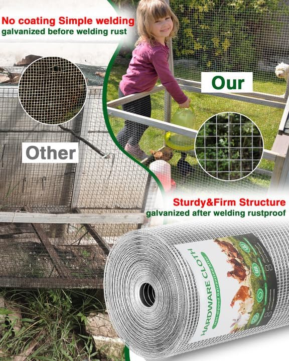 1/2" x 48" x 50FT Silver Hardware Cloth - Hot-Dip Galvanized Chicken Wire Fencing, 19 Gauge Welded Wire Mesh Roll for Chicken Coop, Rabbit, Snake, Deer Fencing and Garden/Tree Protection