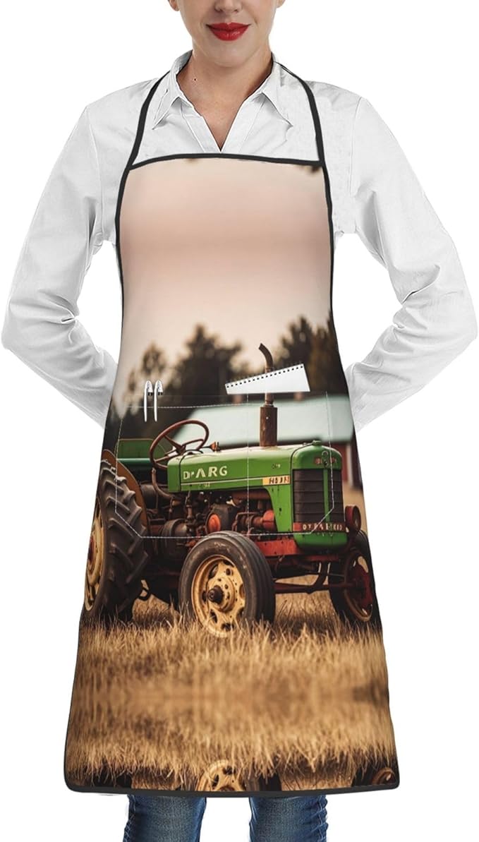 Kitchen Apron For Women Men Waterproof Heat Insulation Cooking Aprons Old Tractor Photo Farm Bib Apron With Large Pockets For Chefs, Bbq, Baking, Gardening, Salon