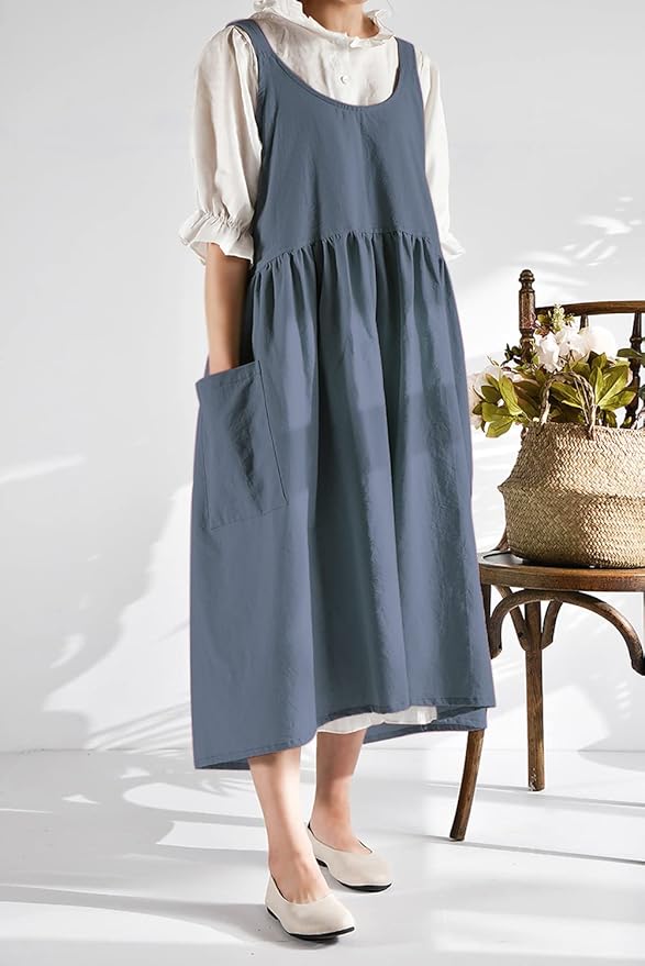 NEWGEM Cotton Linen Cross Back Apron for Women with Pockets Japanese Kitchen Cooking Aprons Blue Grey