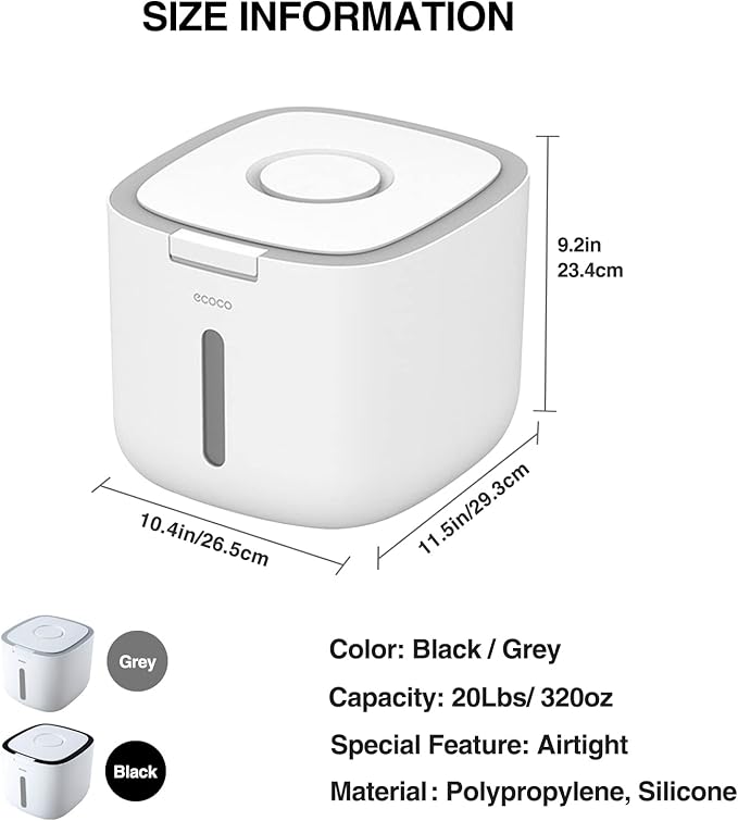 Rice Storage Container, Food Container, Dry Food Storage, Pet Food Dispenser, 20 Lbs/ 320oz Large Storage Bin with Lid, for Grain Cereal Soybean Corn, Cat Food, Coffee, Flour (Grey)