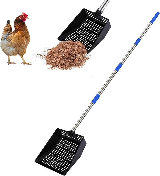 Chicken Poop Scooper,Big Sifting Shovel for Farm Chicken,Metal Chicken Scooper Cleaning, Chicken Coop Rake with Long Handle(40 1/2'').Litter Sifting Shovel.