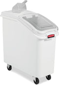 Rubbermaid Commercial Products ProSave Shelf-Storage Ingredient Bin With Scoop 400-Cup Capacity Plastic White Sliding Lid Container with Wheels for Kitchen/Restaurant/Food Organization
