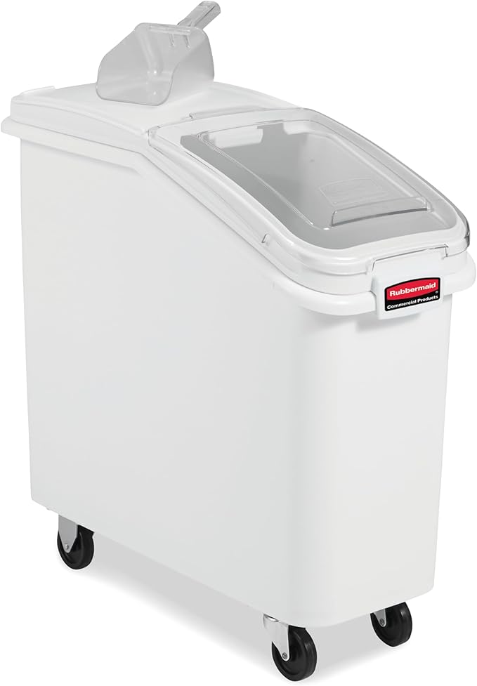 Rubbermaid Commercial Products ProSave Shelf-Storage Ingredient Bin With Scoop 400-Cup Capacity Plastic White Sliding Lid Container with Wheels for Kitchen/Restaurant/Food Organization