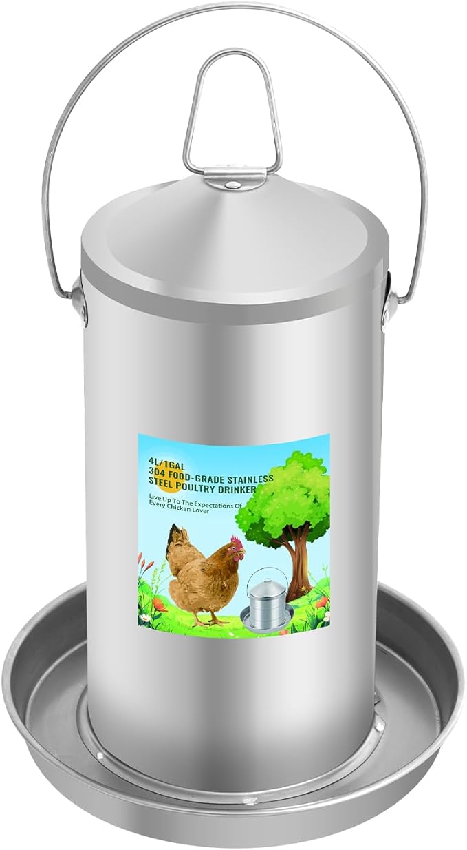 Automatic Chicken Waterer 4L/1.0Gal, 304 Food Grade Stainless Steel Heavy Duty Poultry Waterer with Handle, High Strength Structure 0.035 Inch Metal Thickness, No Assemble (Sliver, 4L/1.0Gal)